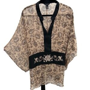 Silkland Woman Y2K Sheer Floral Embroidered Kimono Shirt Tie Back Black Sz 1X XL